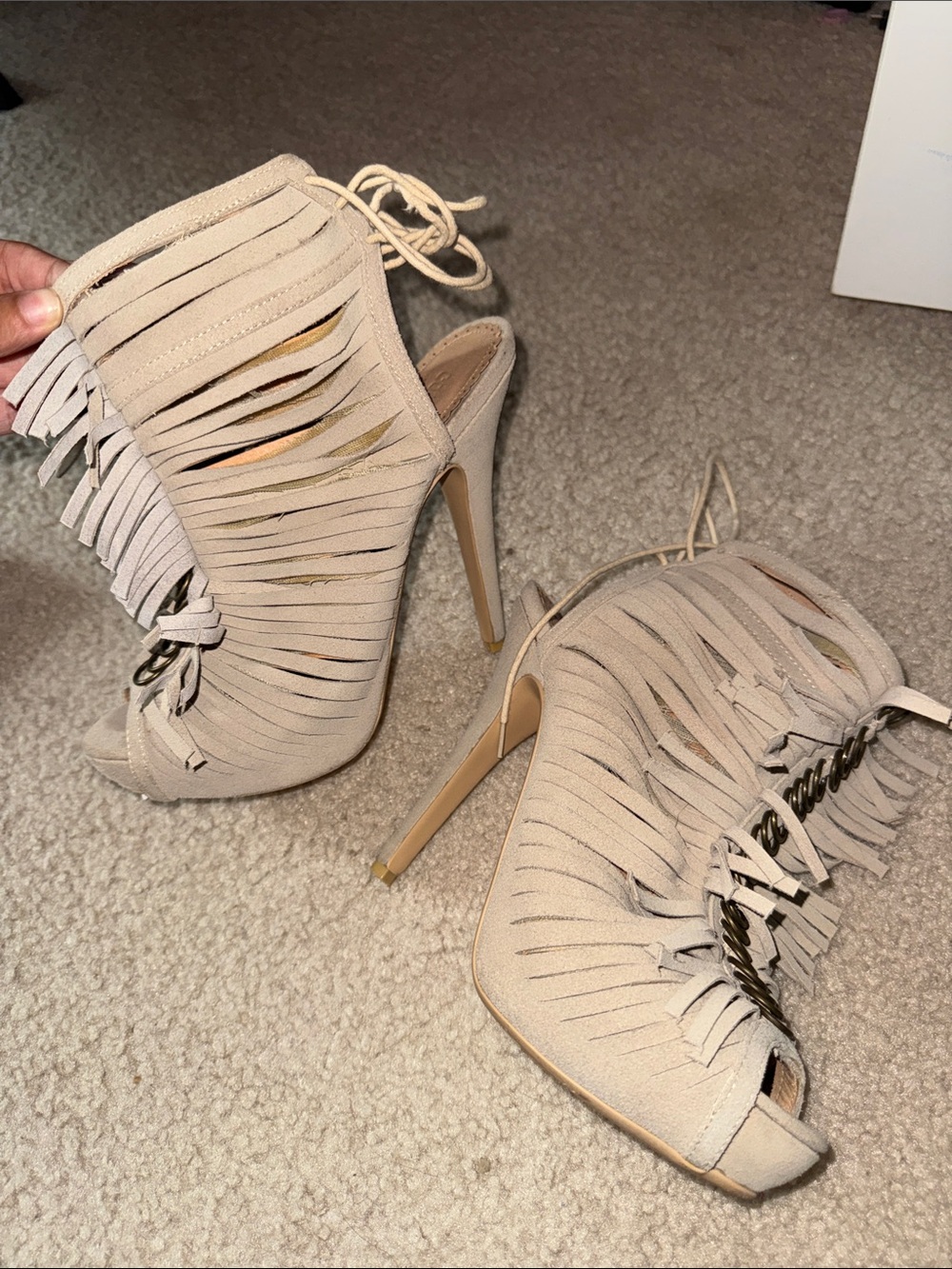 Colin Stuart Beige Fringe Lace-Up Peep-Toe Stiletto Heels